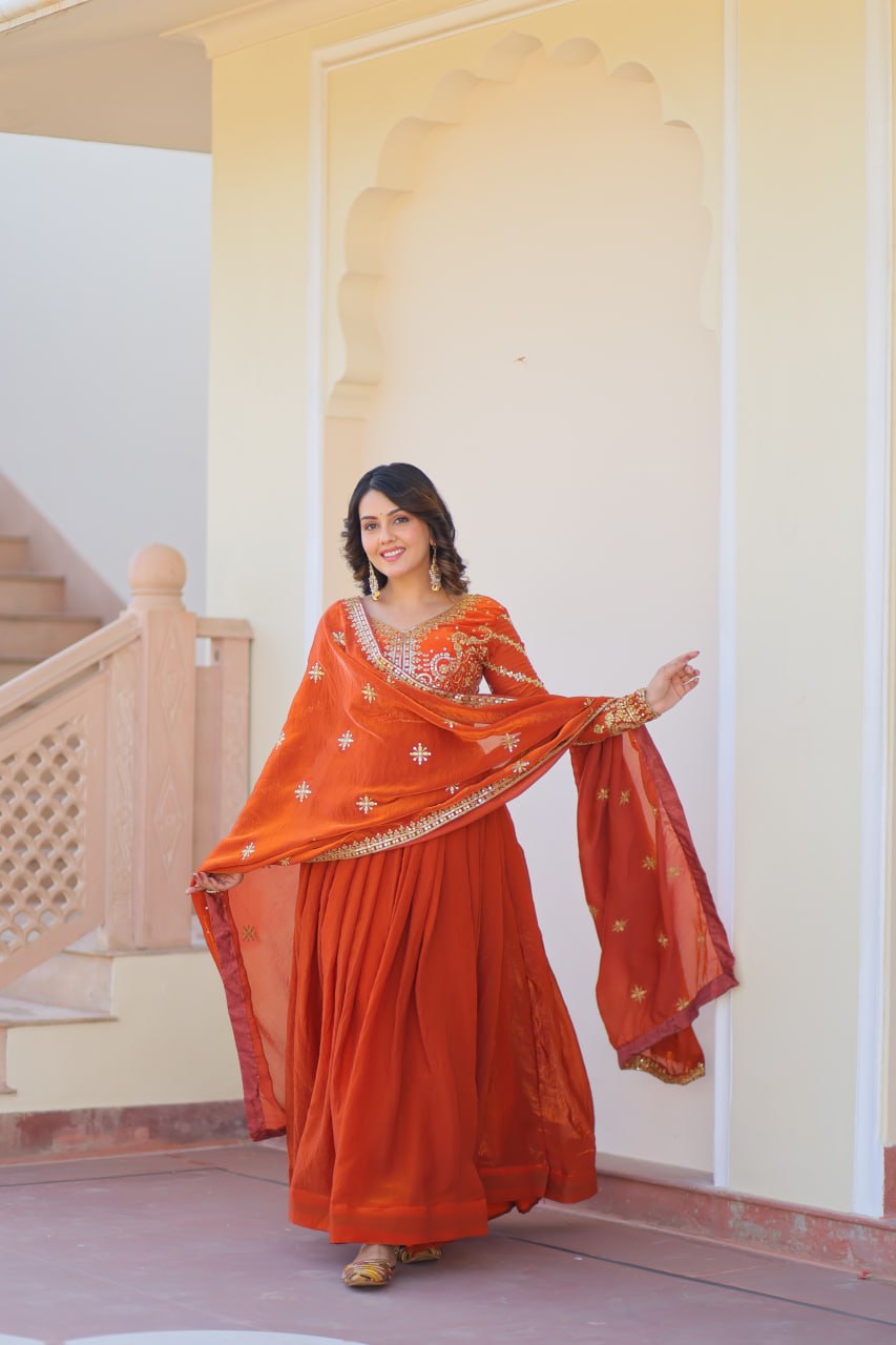 Festive Wear Fanta Color Zari And Sequins Embroidered Work Designer Gown