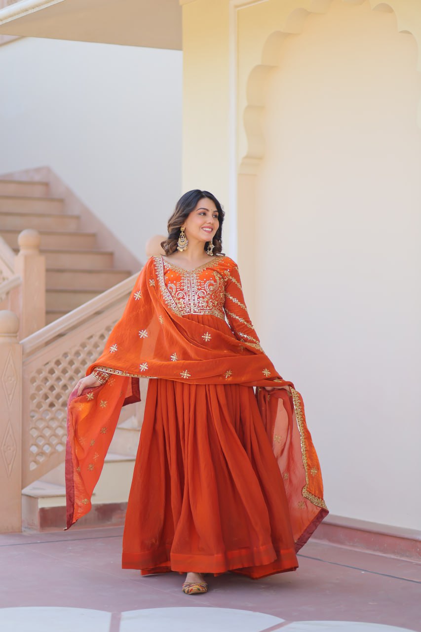 Festive Wear Fanta Color Zari And Sequins Embroidered Work Designer Gown