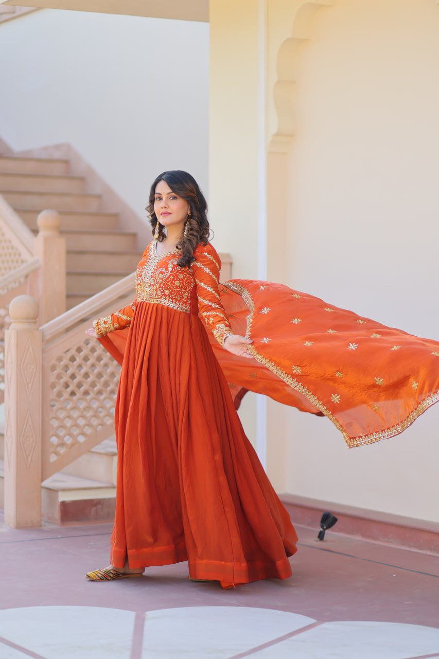 Festive Wear Fanta Color Zari And Sequins Embroidered Work Designer Gown