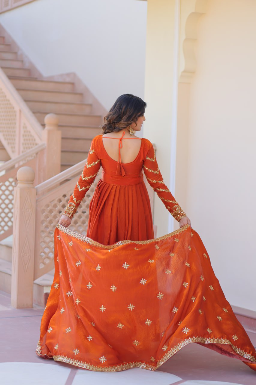 Festive Wear Fanta Color Zari And Sequins Embroidered Work Designer Gown