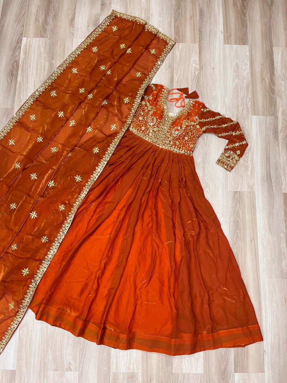 Festive Wear Fanta Color Zari And Sequins Embroidered Work Designer Gown
