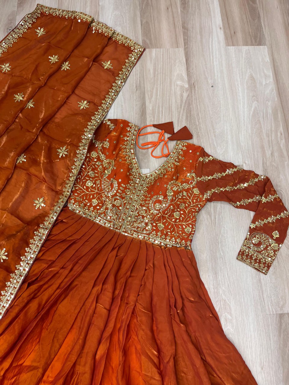Festive Wear Fanta Color Zari And Sequins Embroidered Work Designer Gown