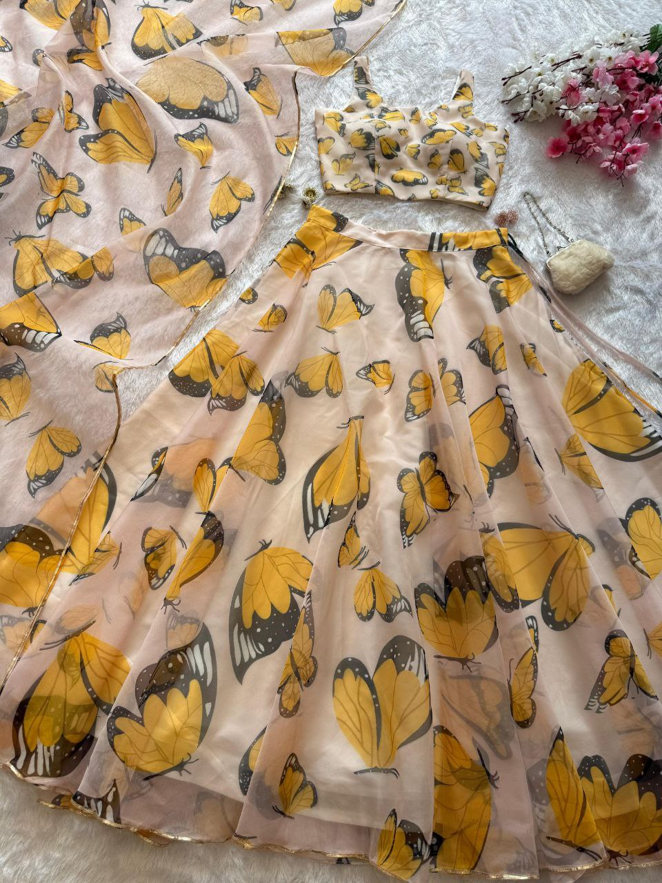 Function Wear Yellow Color Pure Organza Silk Digital Printed Designer Lehenga Choli