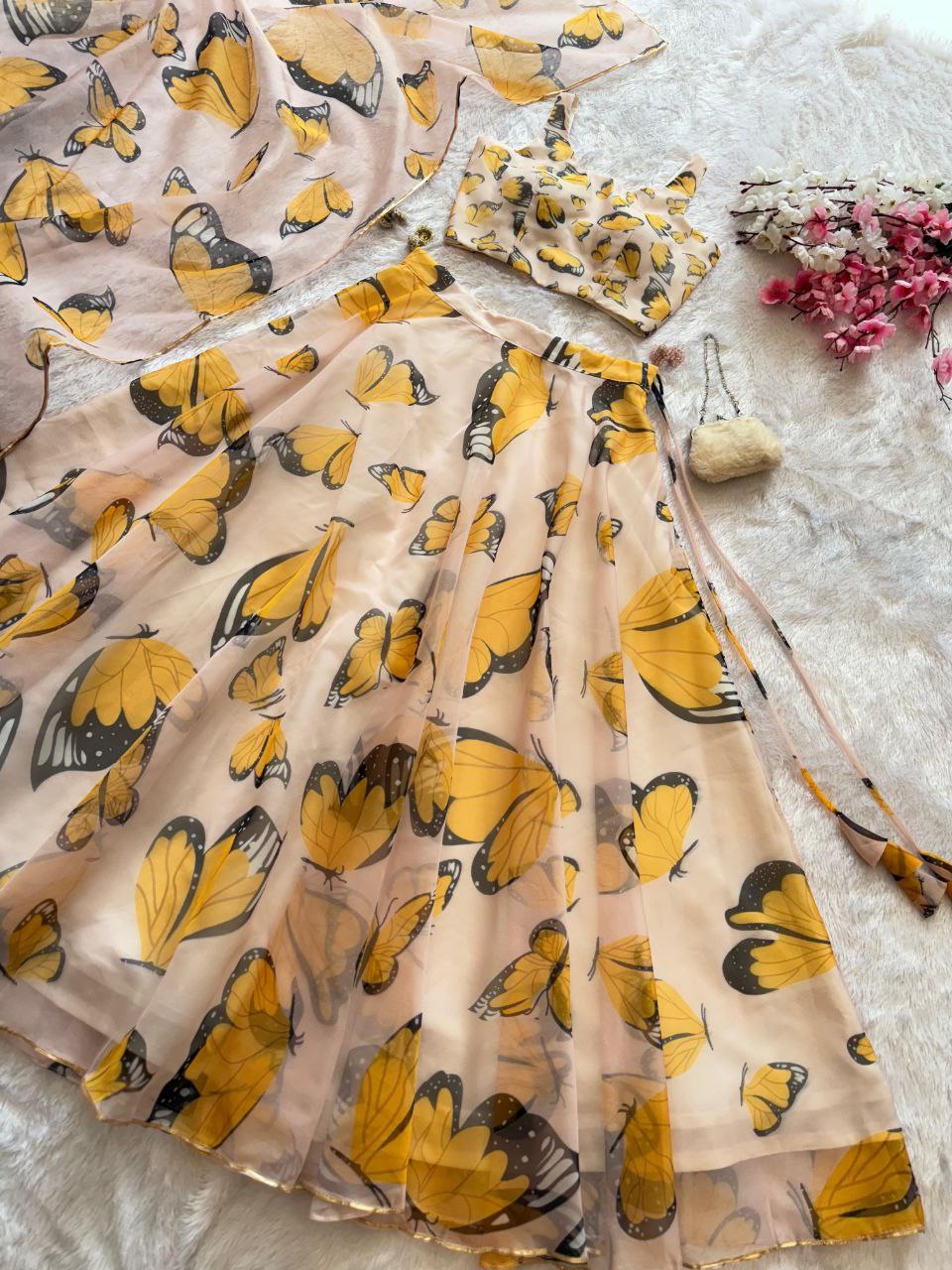 Function Wear Yellow Color Pure Organza Silk Digital Printed Designer Lehenga Choli