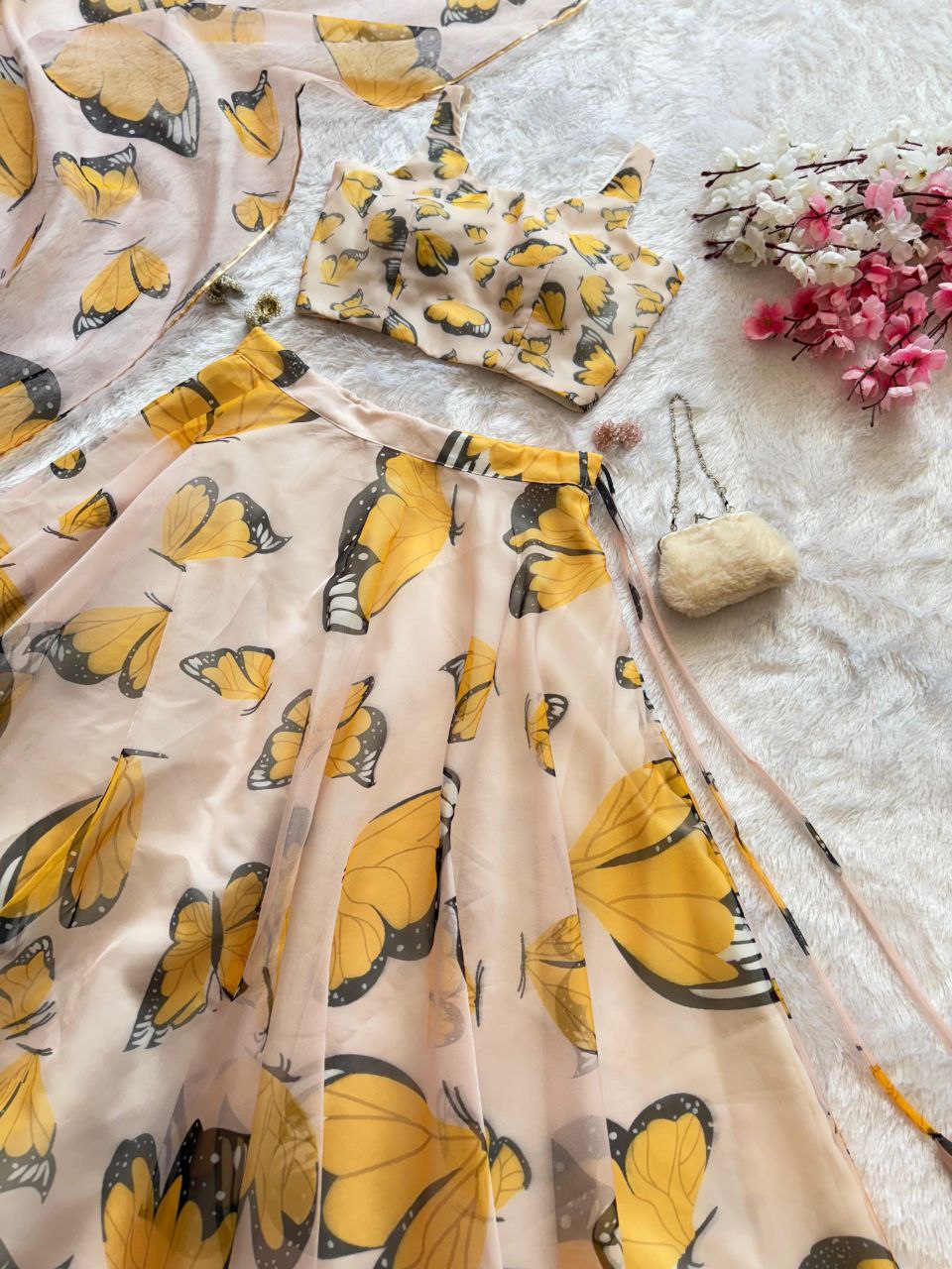 Function Wear Yellow Color Pure Organza Silk Digital Printed Designer Lehenga Choli
