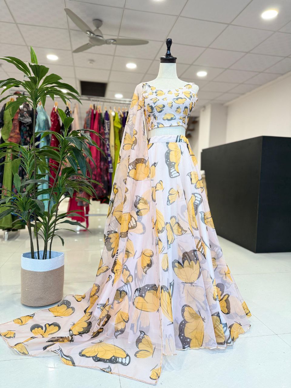 Function Wear Yellow Color Pure Organza Silk Digital Printed Designer Lehenga Choli