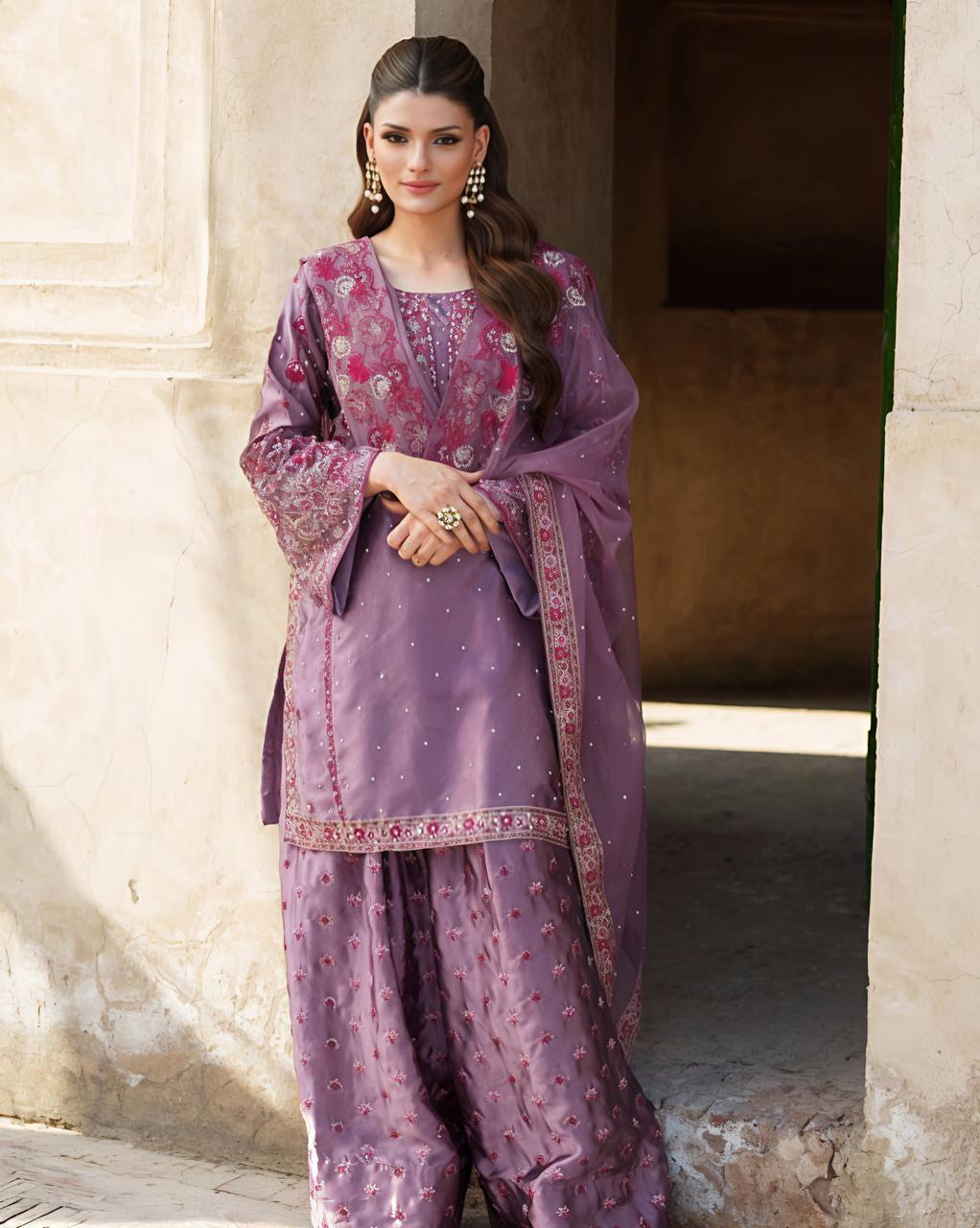 Luxuriant Lavender Color Heavy Faux Georgette With Embroidery Sequence Work Sharara Suit