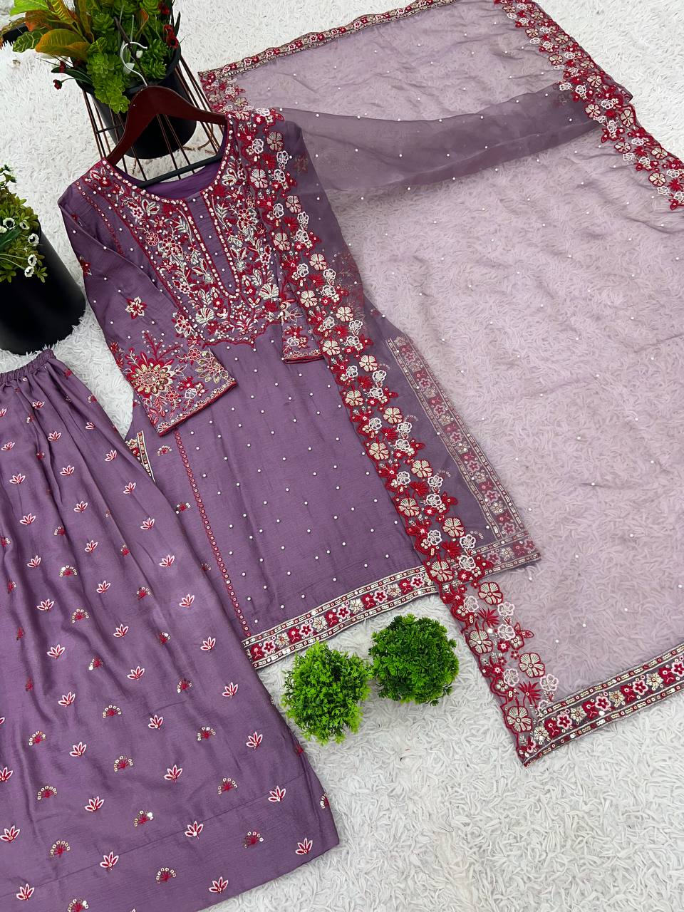 Luxuriant Lavender Color Heavy Faux Georgette With Embroidery Sequence Work Sharara Suit