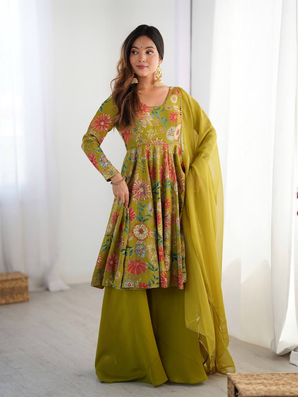 Dazzling Green Color Heavy Pure Soft Roman Silk Chanderi Designer Palazzo Suit