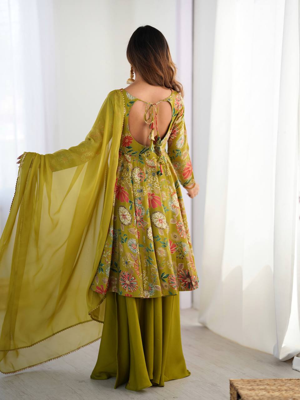 Dazzling Green Color Heavy Pure Soft Roman Silk Chanderi Designer Palazzo Suit
