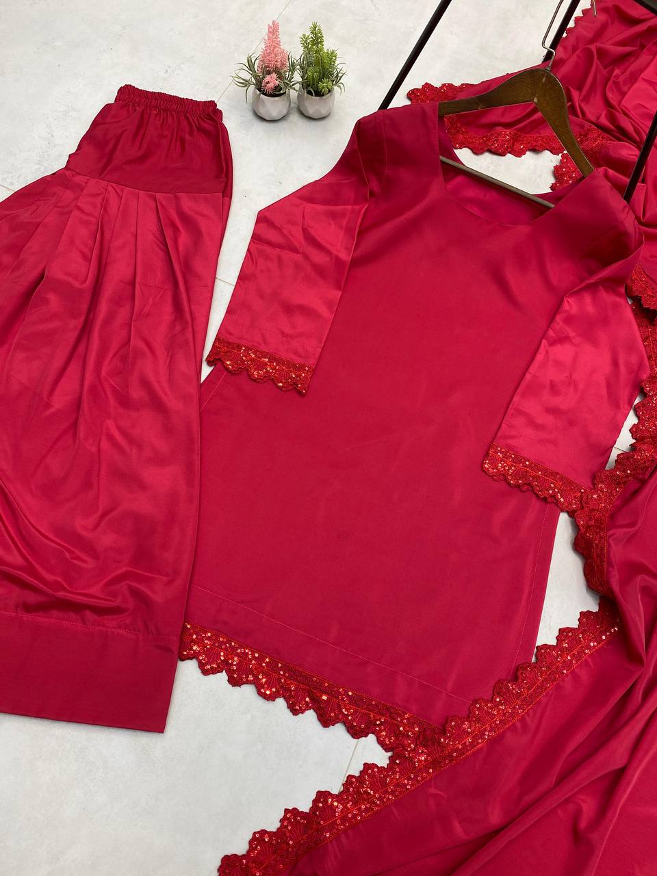 Superhit Red Color French Crape With Sequence Embroidered Work Salwar Suit