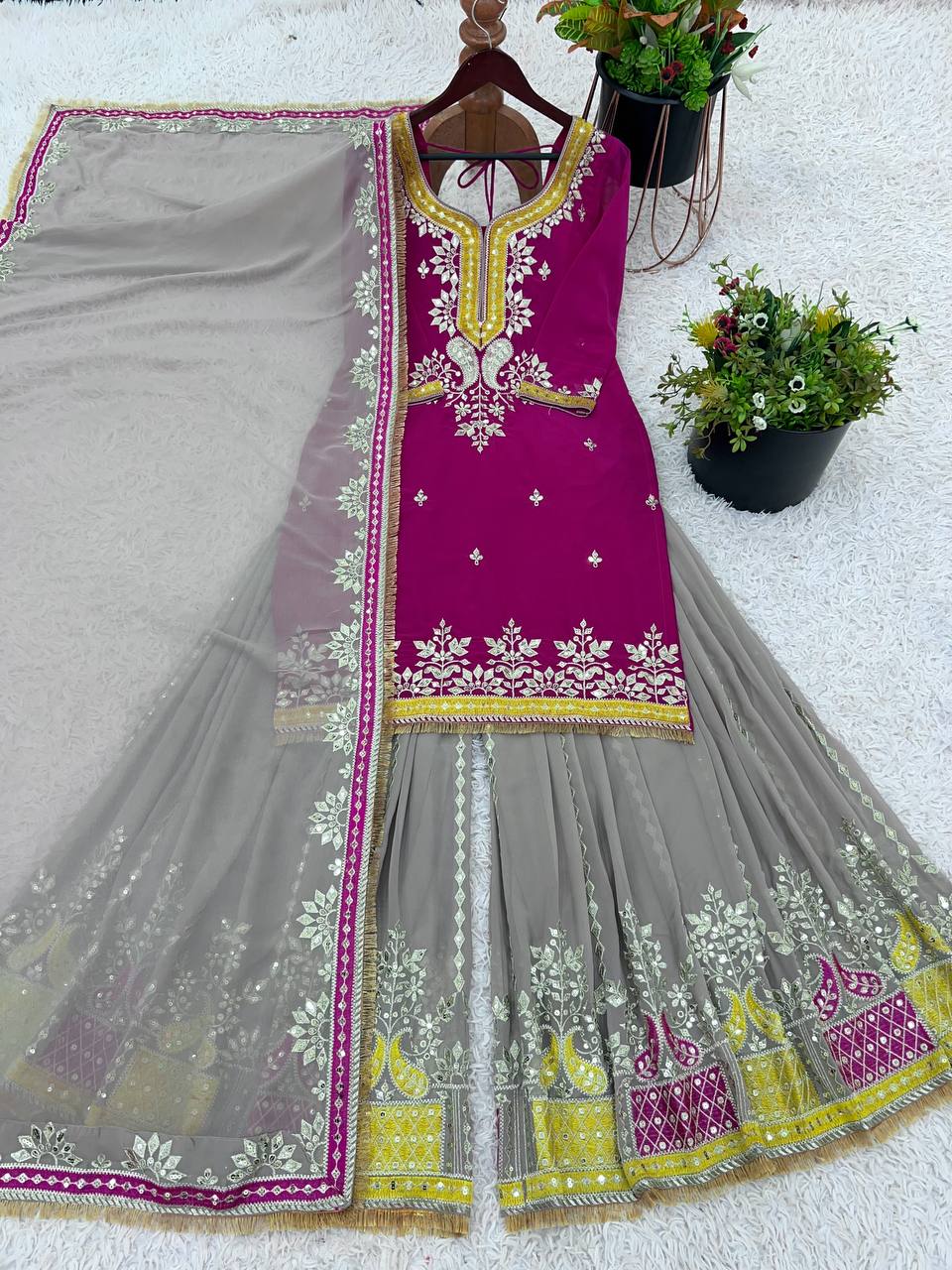Function Wear Burgundy Color Heavy Faux Georgette With Embroidery Sequence Work Sharara Suit