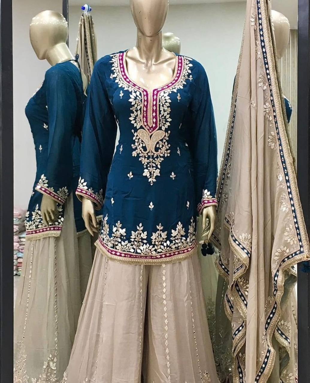 Function Wear Teal Blue Color Heavy Faux Georgette With Embroidery Sequence Work Sharara Suit