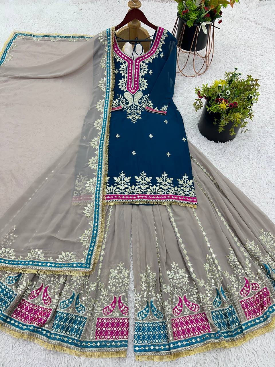 Function Wear Teal Blue Color Heavy Faux Georgette With Embroidery Sequence Work Sharara Suit