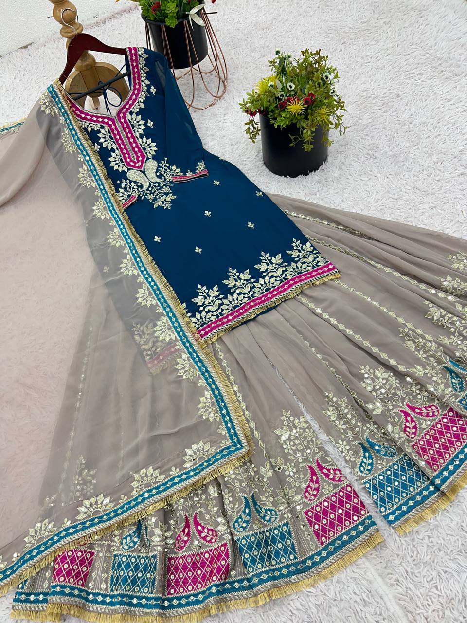 Function Wear Teal Blue Color Heavy Faux Georgette With Embroidery Sequence Work Sharara Suit