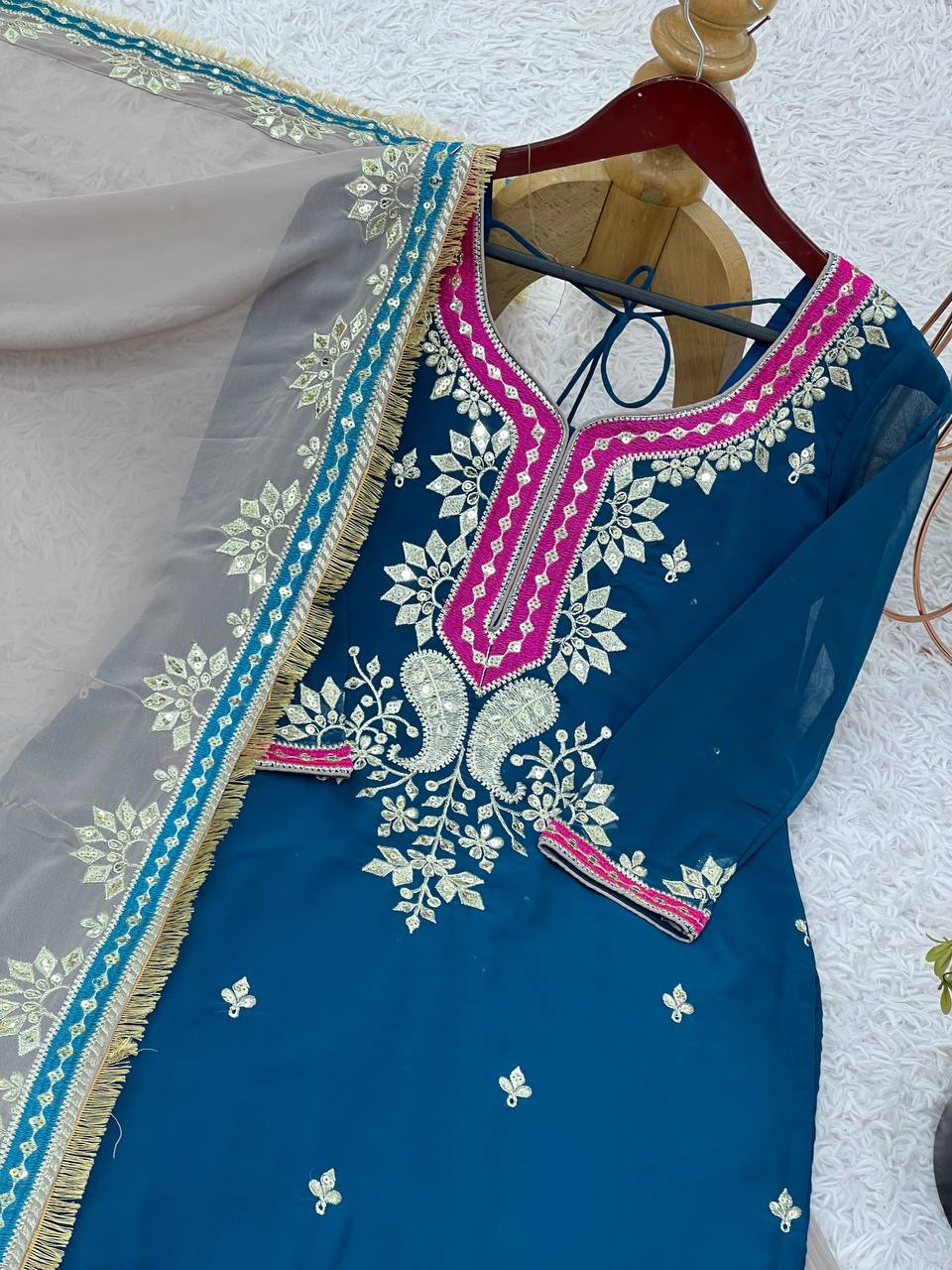 Function Wear Teal Blue Color Heavy Faux Georgette With Embroidery Sequence Work Sharara Suit