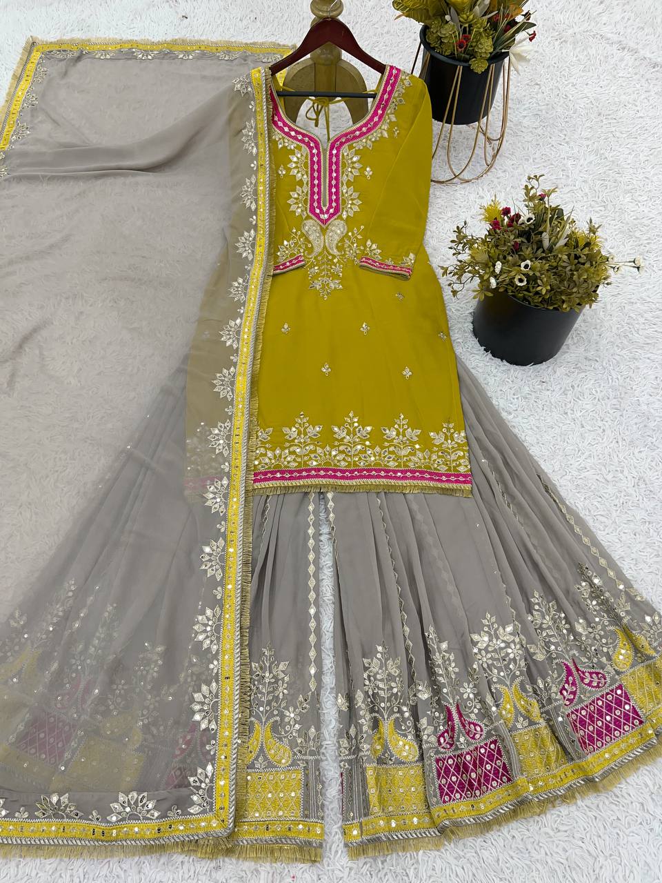 Function Wear Yellow Color Heavy Faux Georgette With Embroidery Sequence Work Sharara Suit