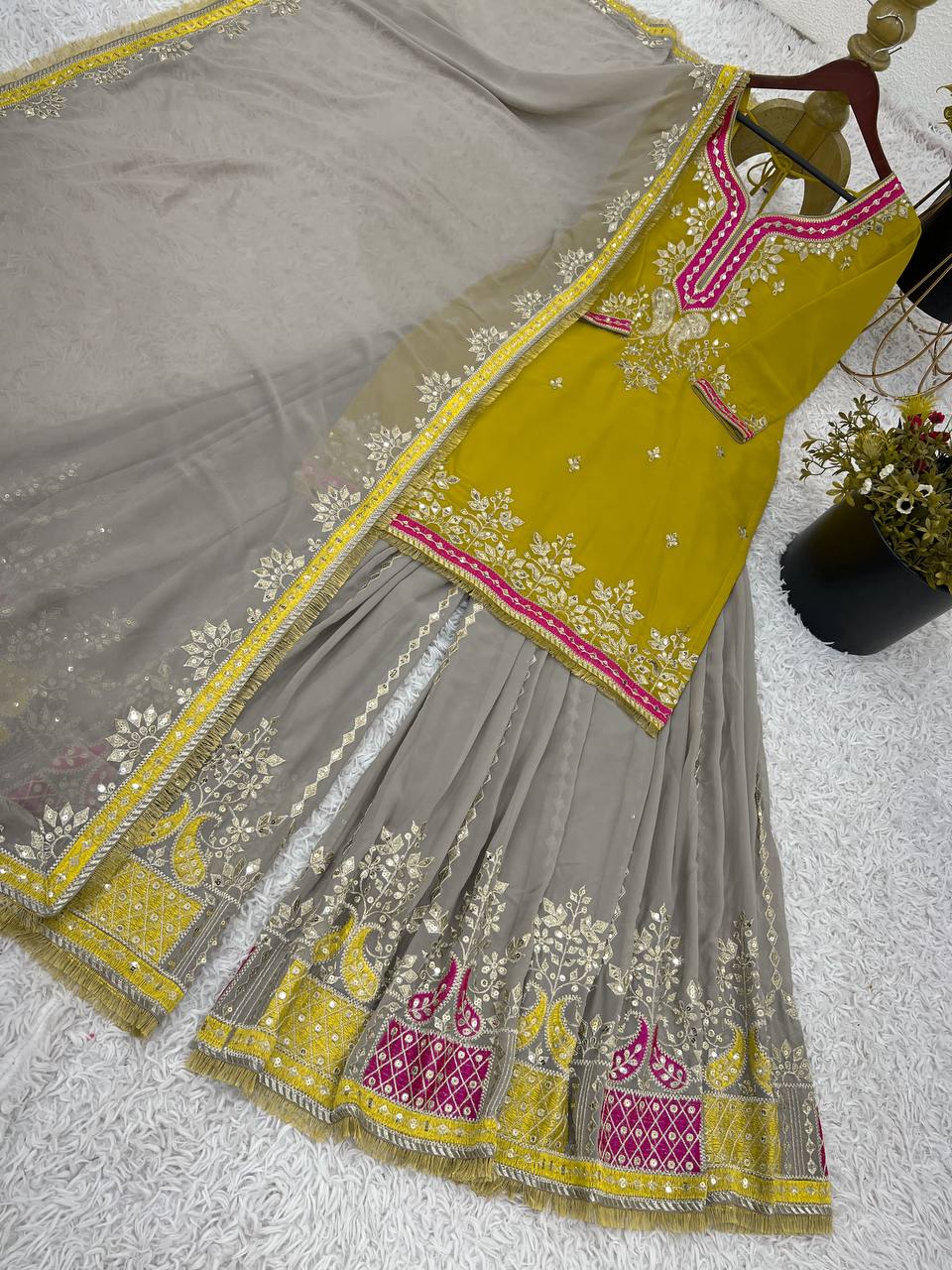 Function Wear Yellow Color Heavy Faux Georgette With Embroidery Sequence Work Sharara Suit
