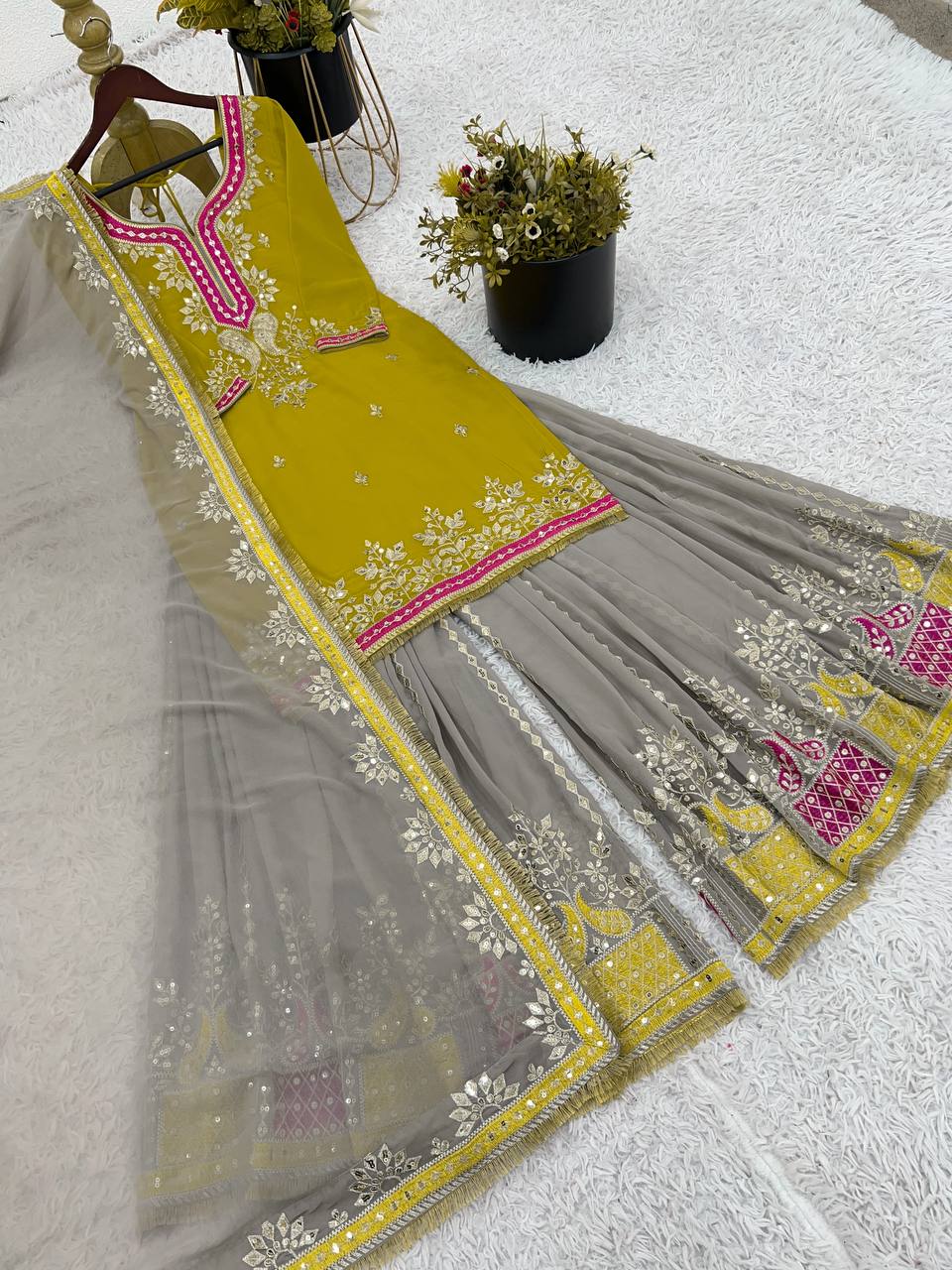 Function Wear Yellow Color Heavy Faux Georgette With Embroidery Sequence Work Sharara Suit