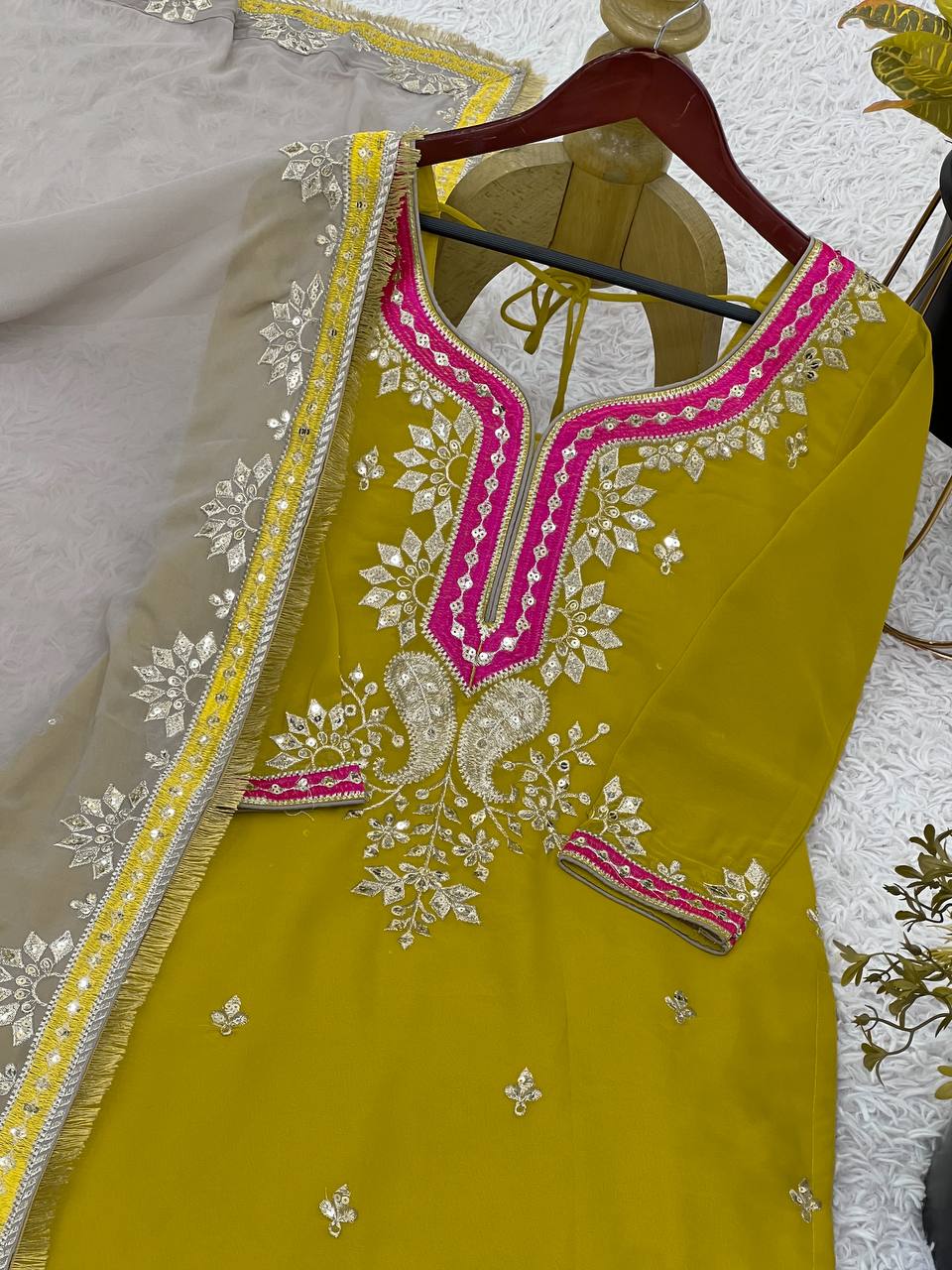 Function Wear Yellow Color Heavy Faux Georgette With Embroidery Sequence Work Sharara Suit