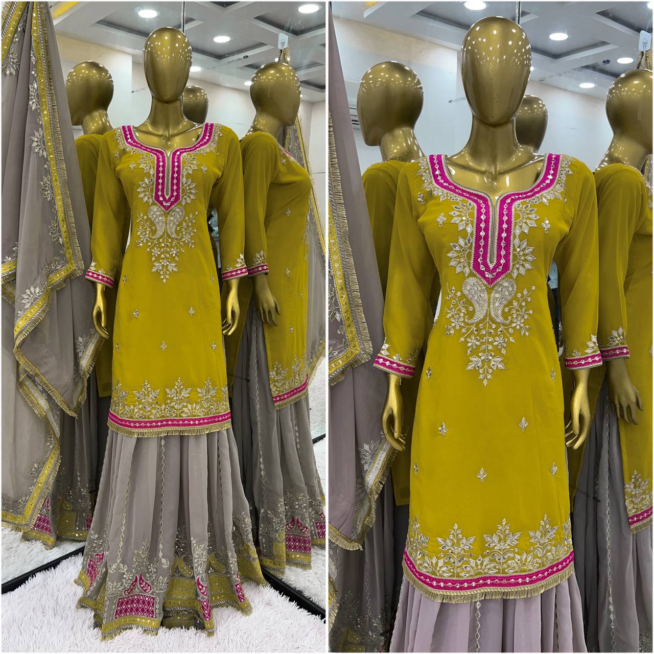 Function Wear Yellow Color Heavy Faux Georgette With Embroidery Sequence Work Sharara Suit