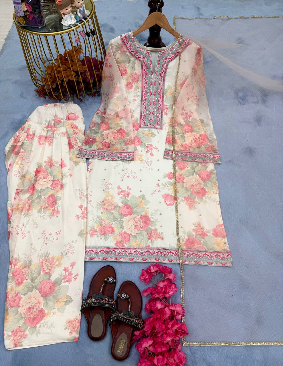 Daisy Off White Color Pure Chiffon Georgette Digital Print With Embroidery Work Palazzo Suit
