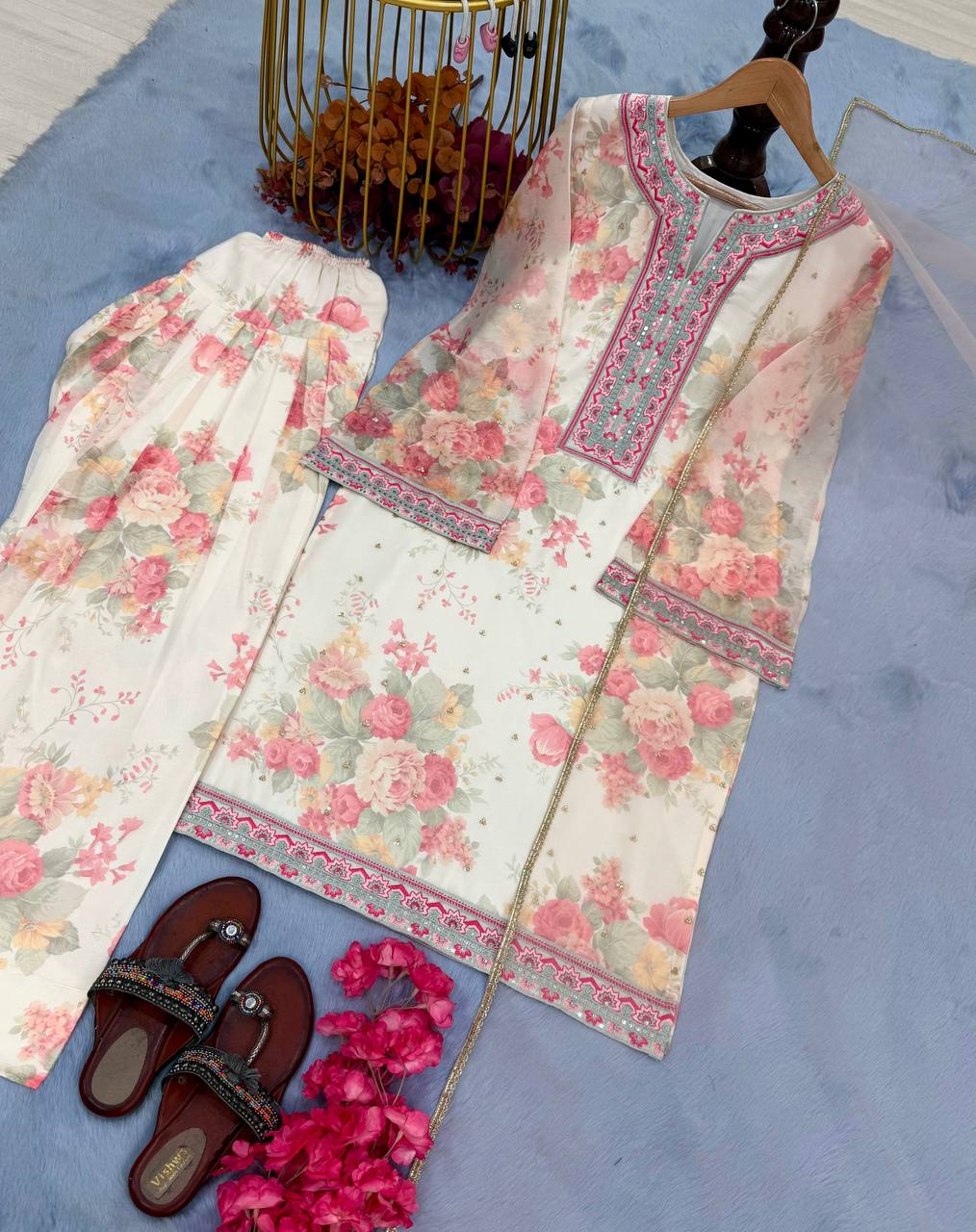 Daisy Off White Color Pure Chiffon Georgette Digital Print With Embroidery Work Palazzo Suit