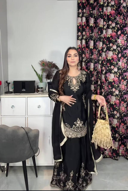 Blissful Black Color Heavy Chinon Silk With Sequence Embroidery Work Palazzo Suit