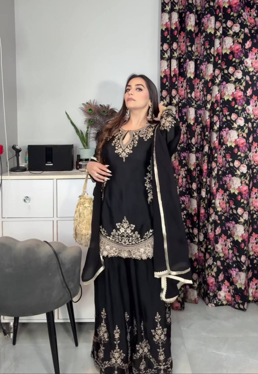 Blissful Black Color Heavy Chinon Silk With Sequence Embroidery Work Palazzo Suit