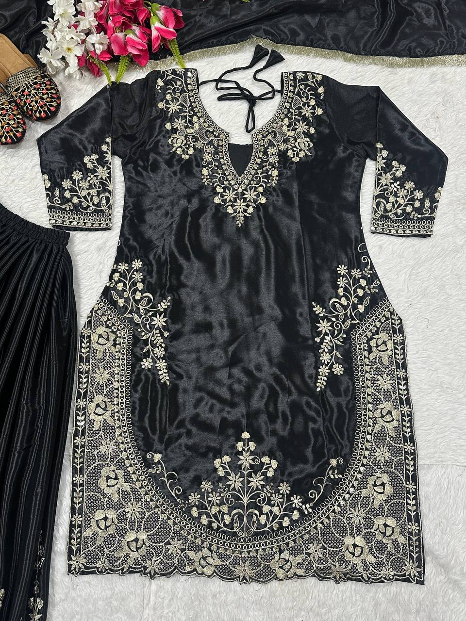 Blissful Black Color Heavy Chinon Silk With Sequence Embroidery Work Palazzo Suit
