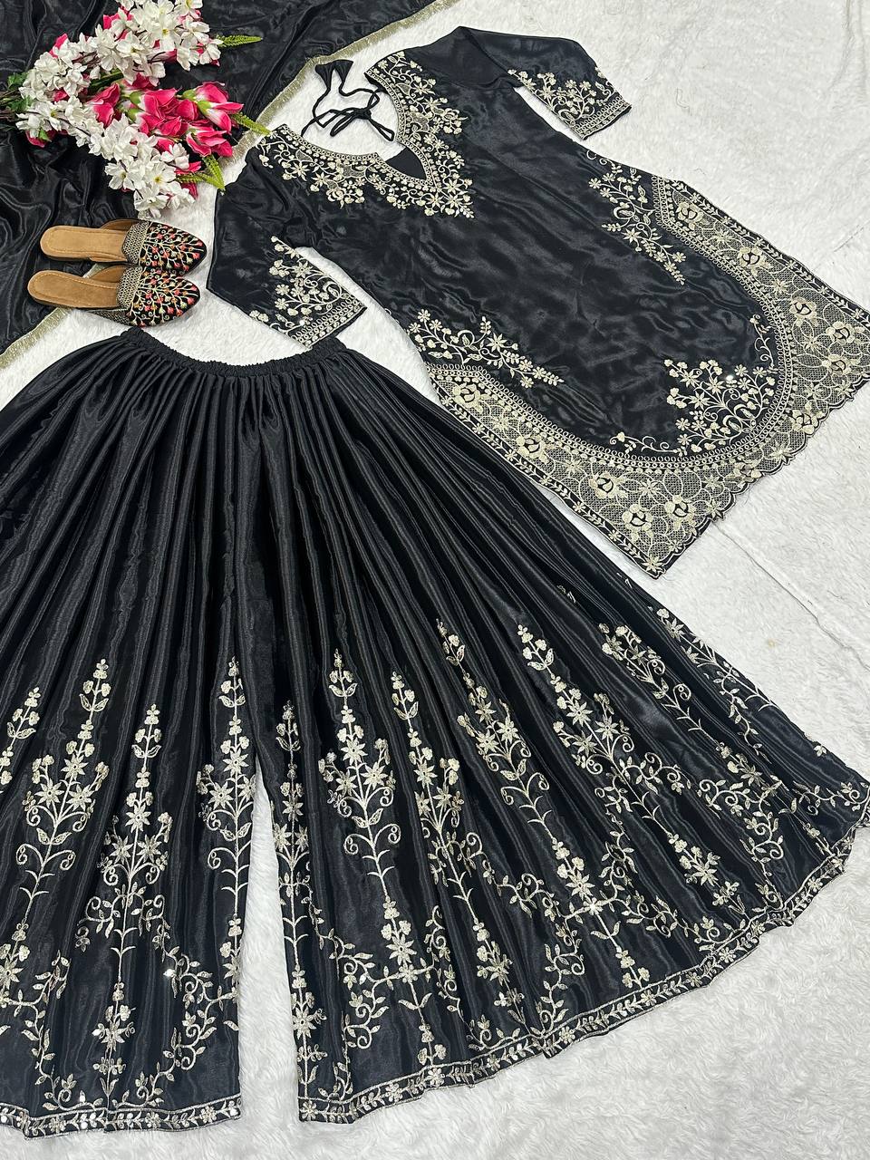 Blissful Black Color Heavy Chinon Silk With Sequence Embroidery Work Palazzo Suit