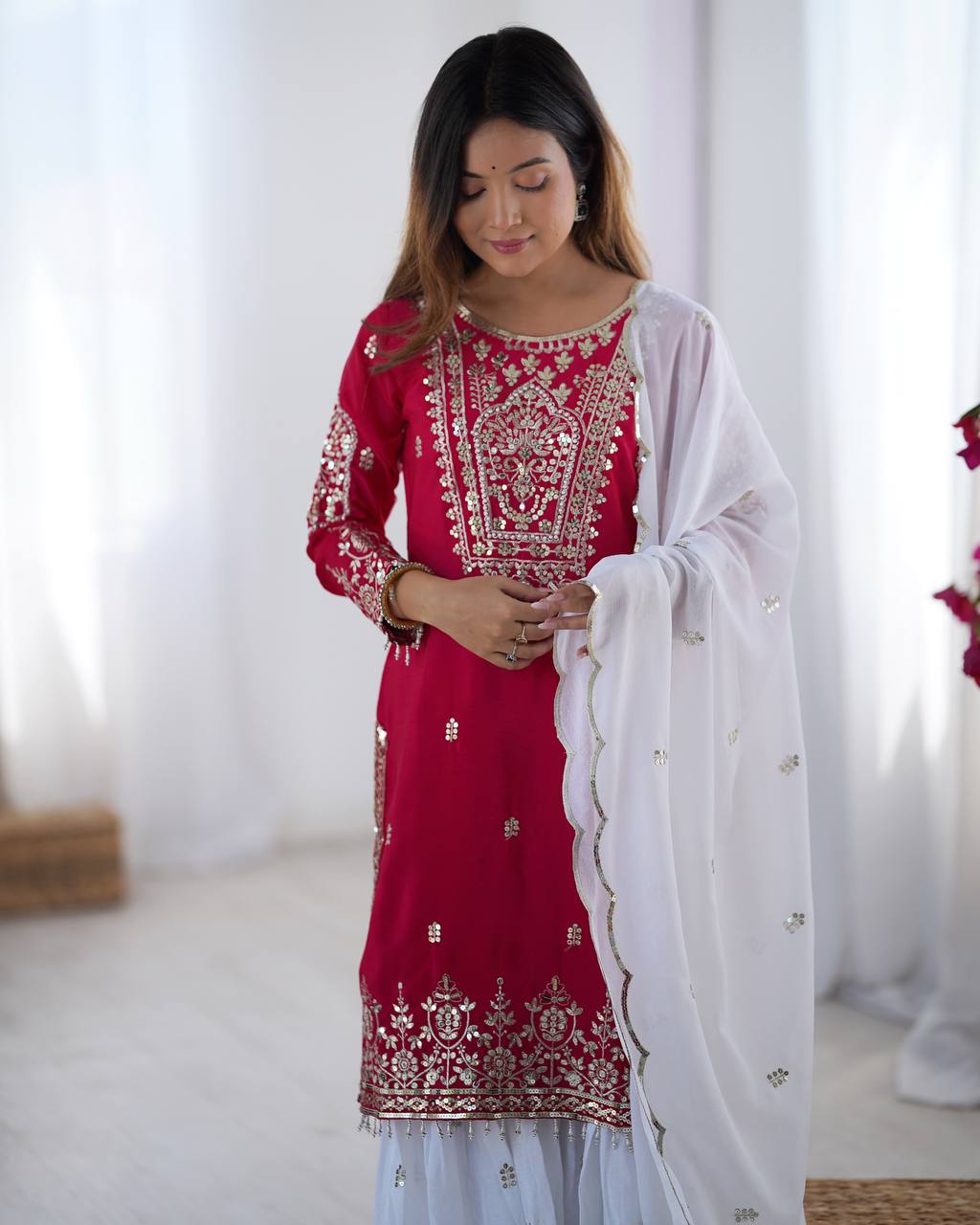 Presenting Pink Color Heavy Pure Chinnon With Embroidery Sequence Work Sharara Suit
