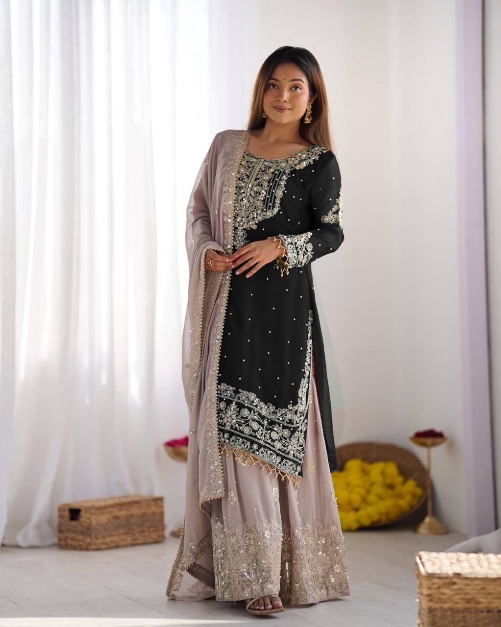 Occasion Wear Black Color Heavy Faux Georgette With Heavy Embroidery Work Palazzo Suit