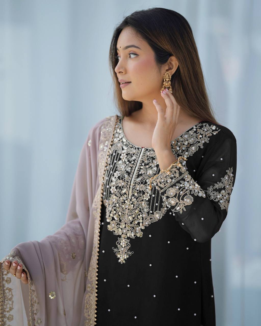 Occasion Wear Black Color Heavy Faux Georgette With Heavy Embroidery Work Palazzo Suit
