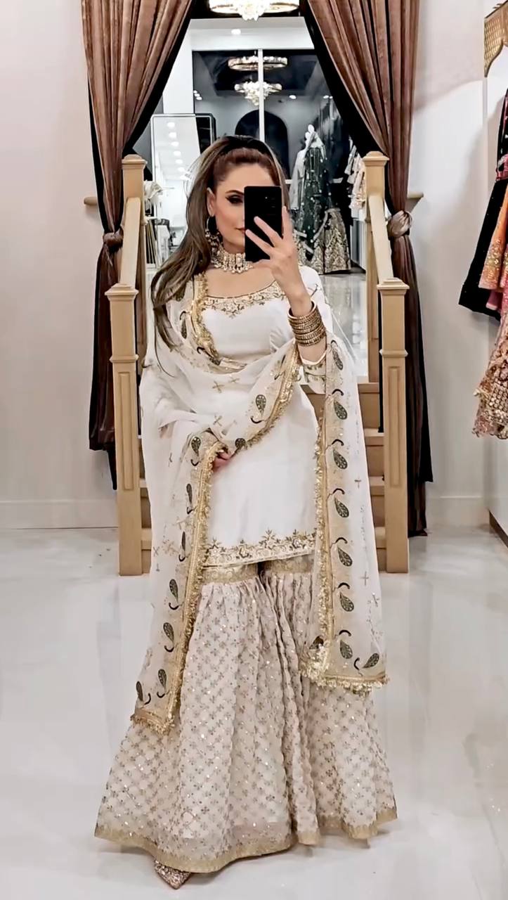 Ceremony Wear Off White Color Faux Georgette With Embroidery Sequence Work Sharara Suit