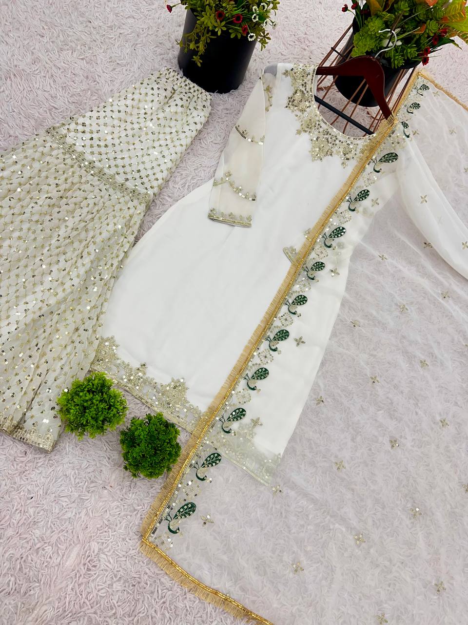 Ceremony Wear Off White Color Faux Georgette With Embroidery Sequence Work Sharara Suit