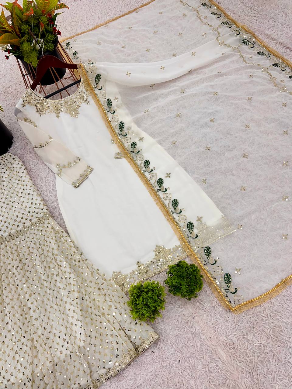 Ceremony Wear Off White Color Faux Georgette With Embroidery Sequence Work Sharara Suit