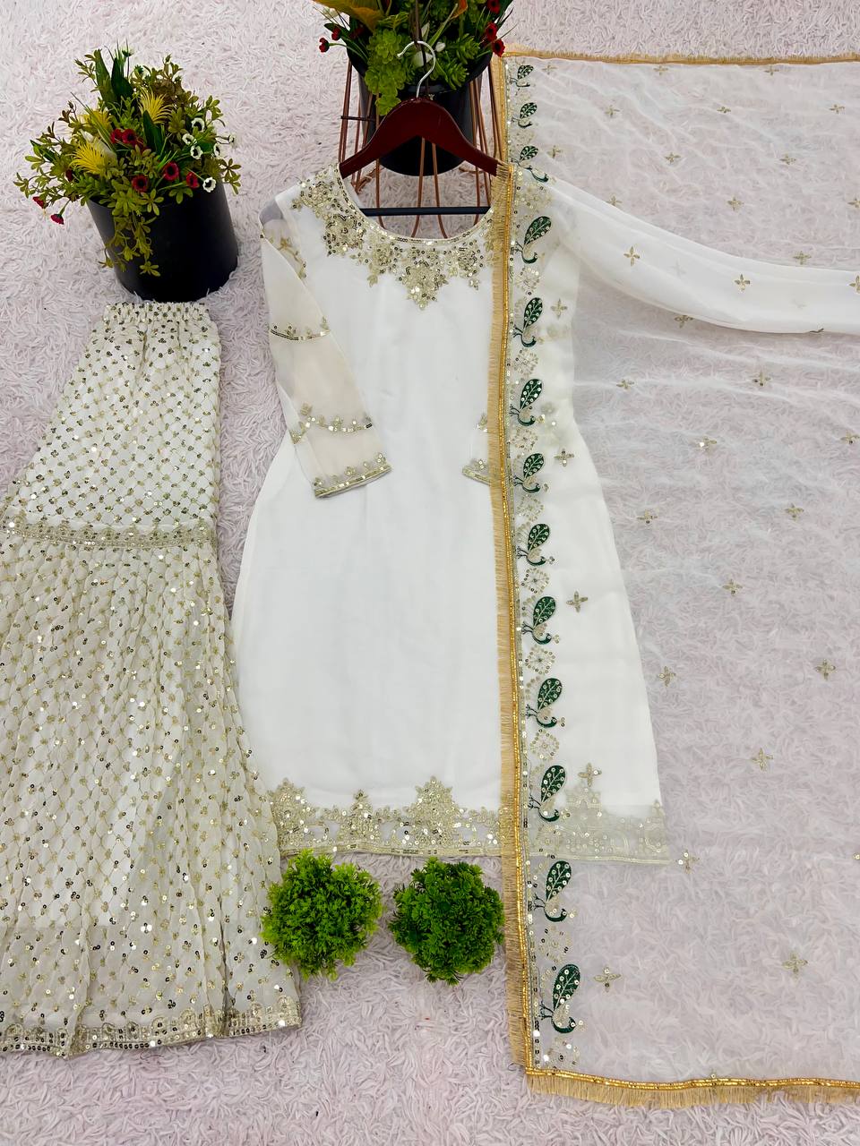 Ceremony Wear Off White Color Faux Georgette With Embroidery Sequence Work Sharara Suit