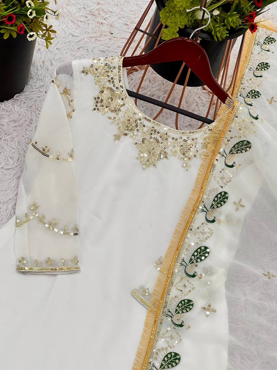 Ceremony Wear Off White Color Faux Georgette With Embroidery Sequence Work Sharara Suit