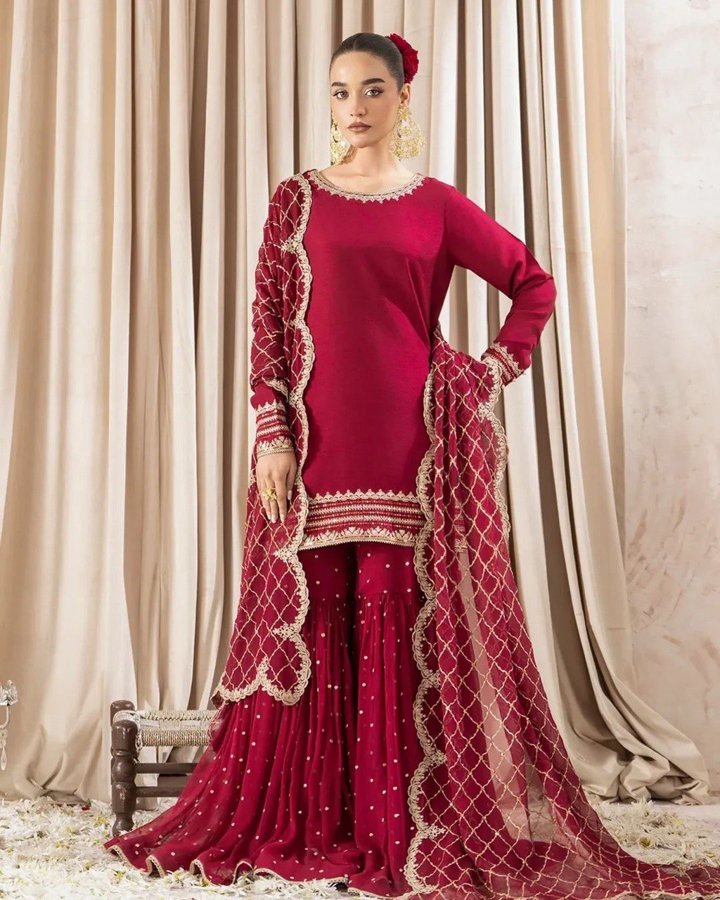 Party Wear Maroon Color Faux Georgette And Thread With Sequence Work Sharara Suit