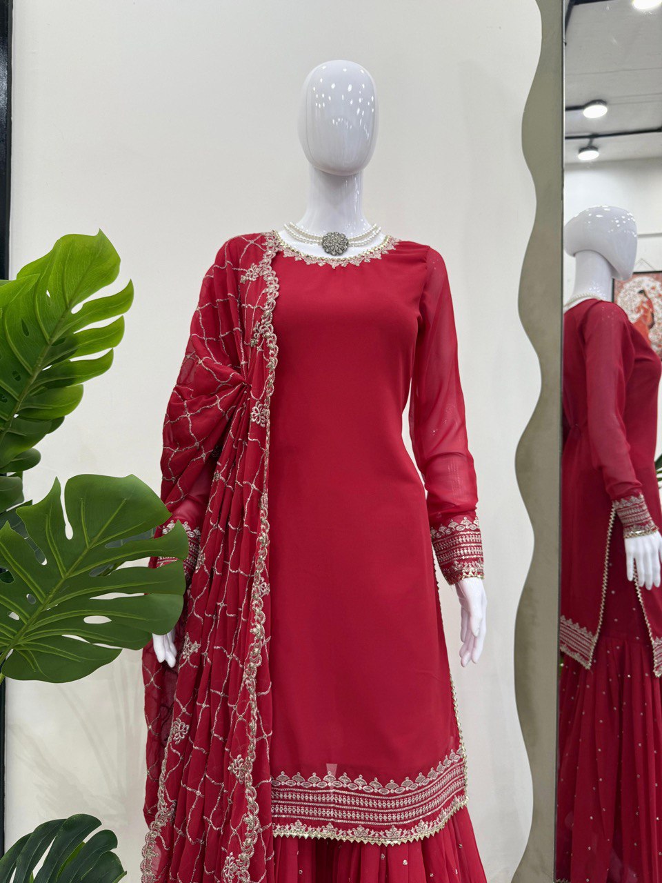Party Wear Maroon Color Faux Georgette And Thread With Sequence Work Sharara Suit