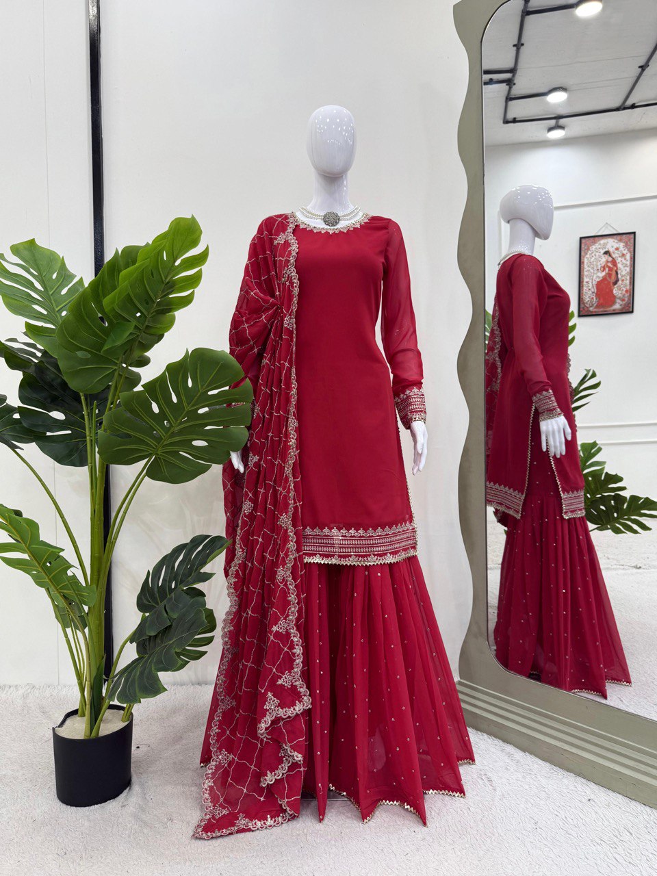 Party Wear Maroon Color Faux Georgette And Thread With Sequence Work Sharara Suit