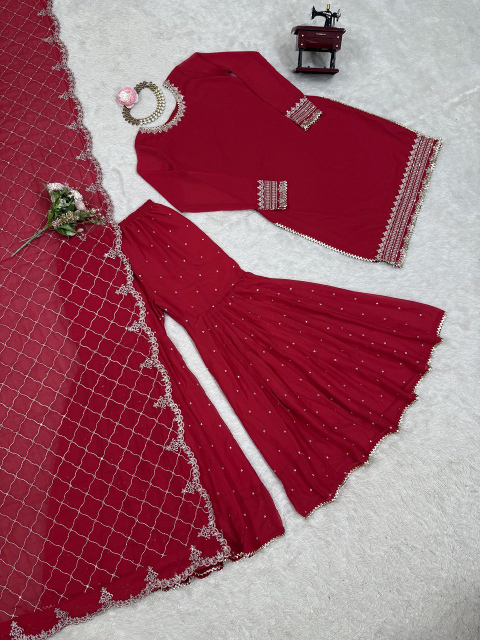 Party Wear Maroon Color Faux Georgette And Thread With Sequence Work Sharara Suit
