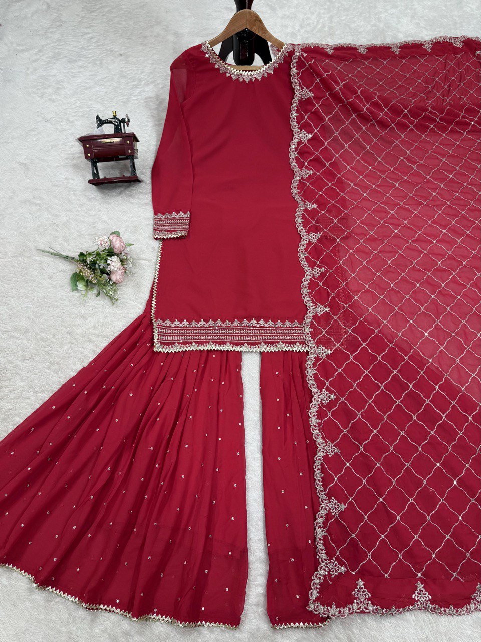 Party Wear Maroon Color Faux Georgette And Thread With Sequence Work Sharara Suit