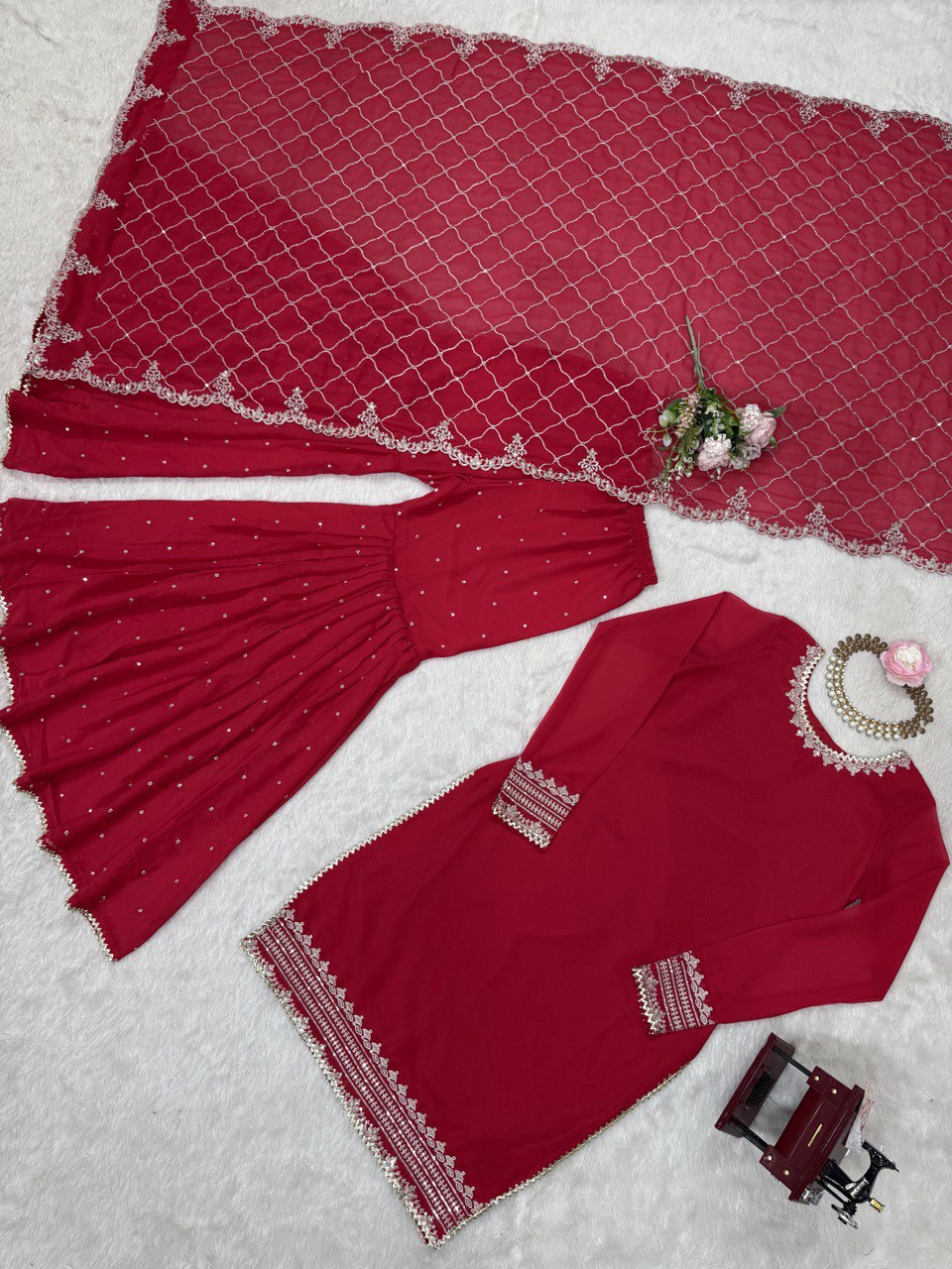 Party Wear Maroon Color Faux Georgette And Thread With Sequence Work Sharara Suit