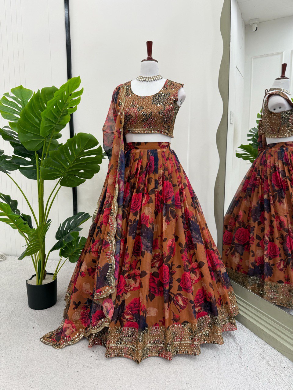 Function Wear Orange Multi Color Tabby Organza With Digital Printed Lehenga Choli