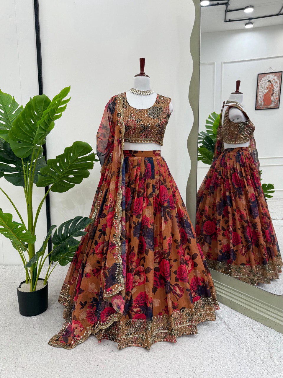 Function Wear Orange Multi Color Tabby Organza With Digital Printed Lehenga Choli