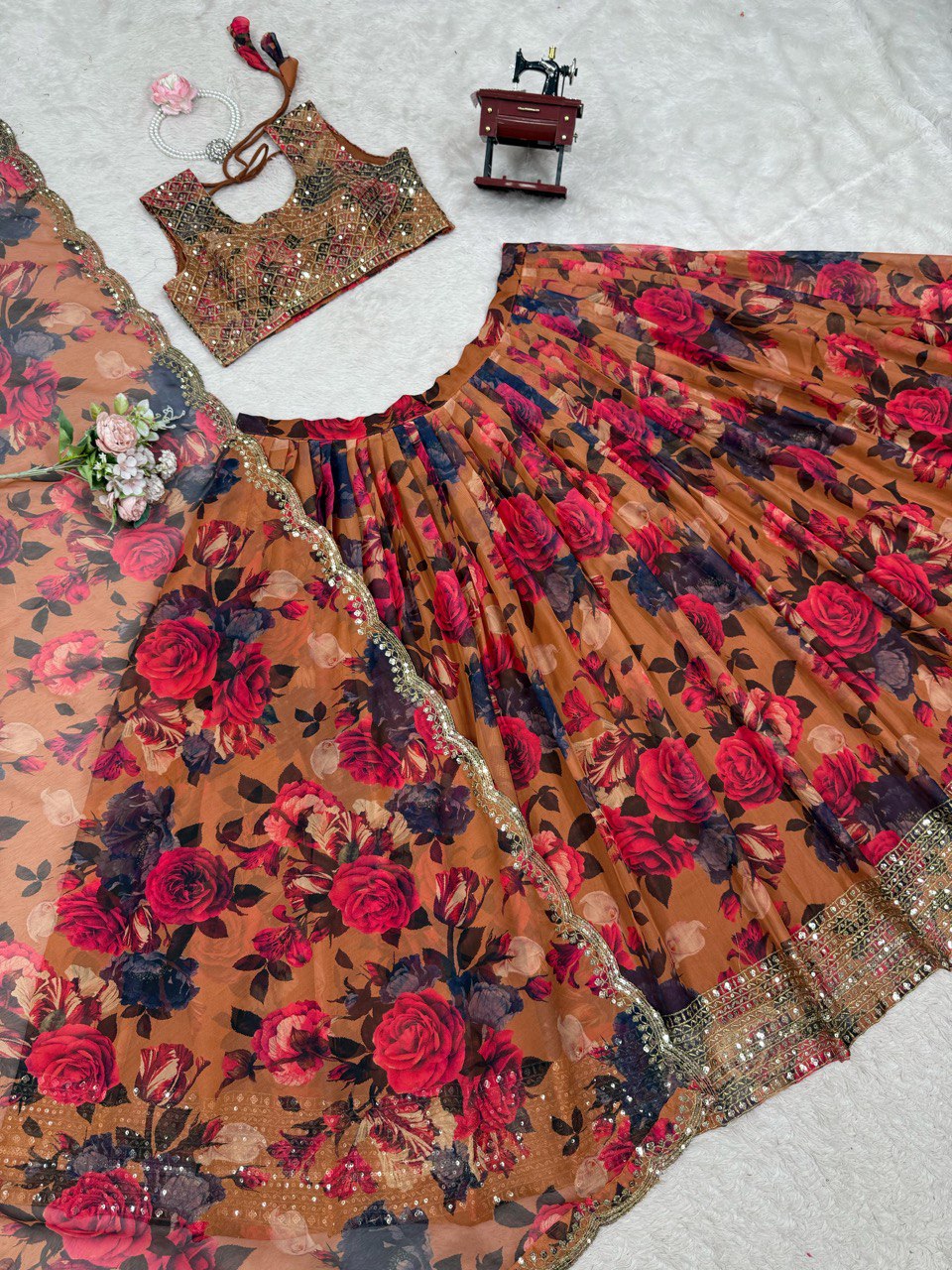 Function Wear Orange Multi Color Tabby Organza With Digital Printed Lehenga Choli