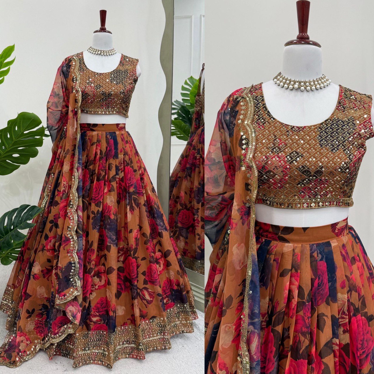 Function Wear Orange Multi Color Tabby Organza With Digital Printed Lehenga Choli