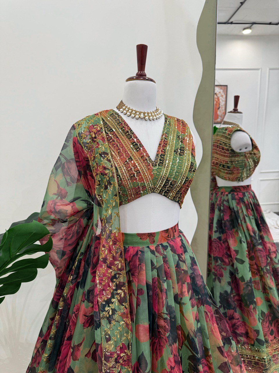 Function Wear Green Multi Color Tabby Organza With Digital Printed Lehenga Choli